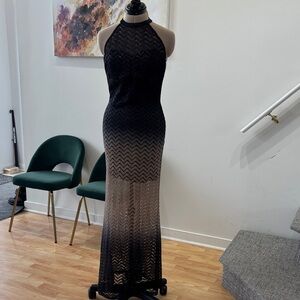 Elegant Black-to-Taupe Ombre Halter Evening Dress